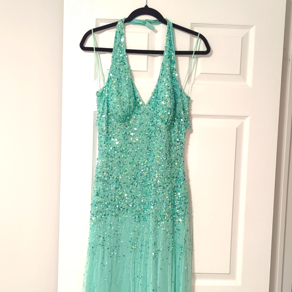 Stunning Mint Blue Green Sequin Maxi Mermaid Halter Gown with Open Back